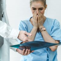 Doctor and unhappy patient at hospital or medical clinic Doctor and unhappy patient at hospital or medical clinic