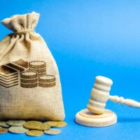 Money bag and judge's hammer. Penalty for a crime and offense. Financial punishment. Violations of traffic laws. Fraud. Fine, penalization, mulct. Gavel Money bag and judge's hammer. Penalty for a crime and offense. Financial punishment. Violations of traffic laws. Fraud. Fine, penalization, mulct. Gavel