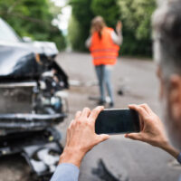 A man takes photos of a crashed car, representing the requirements to be able to file a WV auto accident lawsuit. A man takes photos of a crashed car, representing the requirements to be able to file a WV auto accident lawsuit.