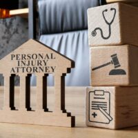 Personal injury attorney sign and cubes as concept of law.