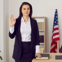 American witness takes an oath before giving a testimony. A jury member standing near a male judge in the court room swears on the Bible that she will tell the truth. Law and justice in the US concept