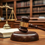 A wooden gavel rests in the foreground on a desk, symbolizing justice. In the background, scales of justice and law books convey a courtroom setting.