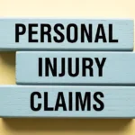 Three blue wooden blocks stacked on a yellow background display the words "Personal Injury Claims" in bold black letters, conveying a legal focus.