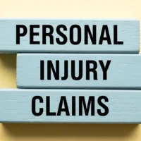 Three blue wooden blocks stacked on a yellow background display the words "Personal Injury Claims" in bold black letters, conveying a legal focus.