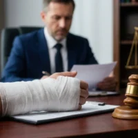 A gavel, scales of justice, and clipboard beside a bandaged arm for a medical negligence lawsuit.